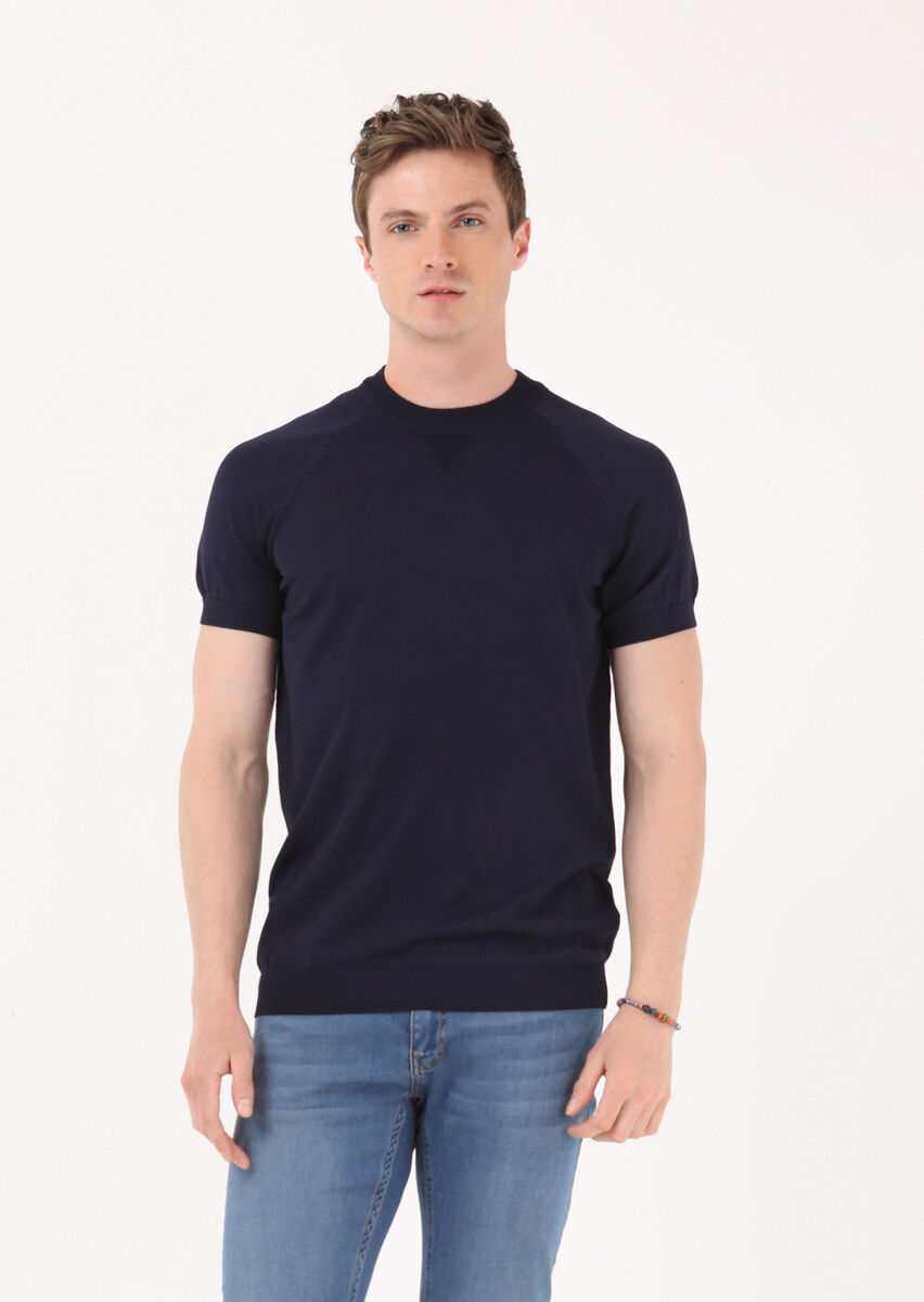 Lacivert Bisiklet Yaka Jakarlı Triko - 1