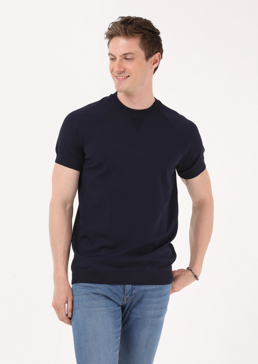 Lacivert Bisiklet Yaka Jakarlı Triko - 4