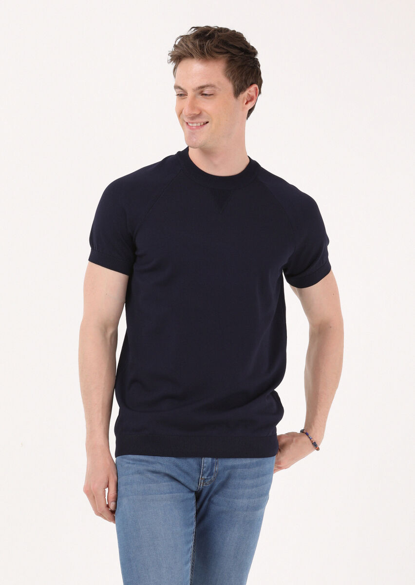 Lacivert Bisiklet Yaka Jakarlı Triko - 4