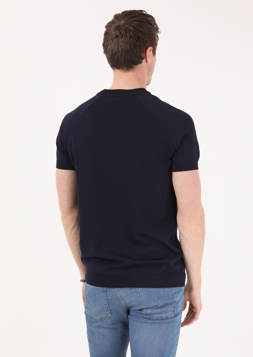 Lacivert Bisiklet Yaka Jakarlı Triko - 5