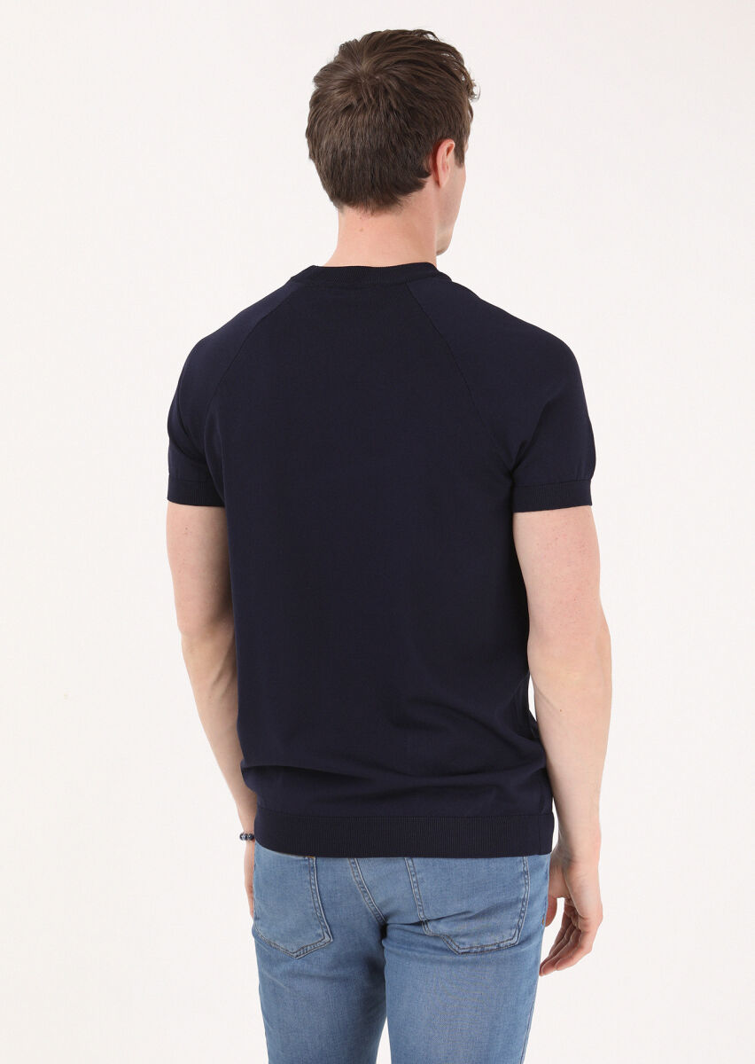 Lacivert Bisiklet Yaka Jakarlı Triko - 5