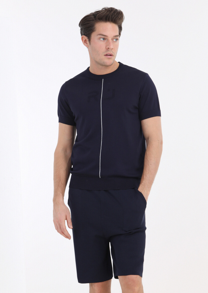 Lacivert Bisiklet Yaka Jakarlı Triko 