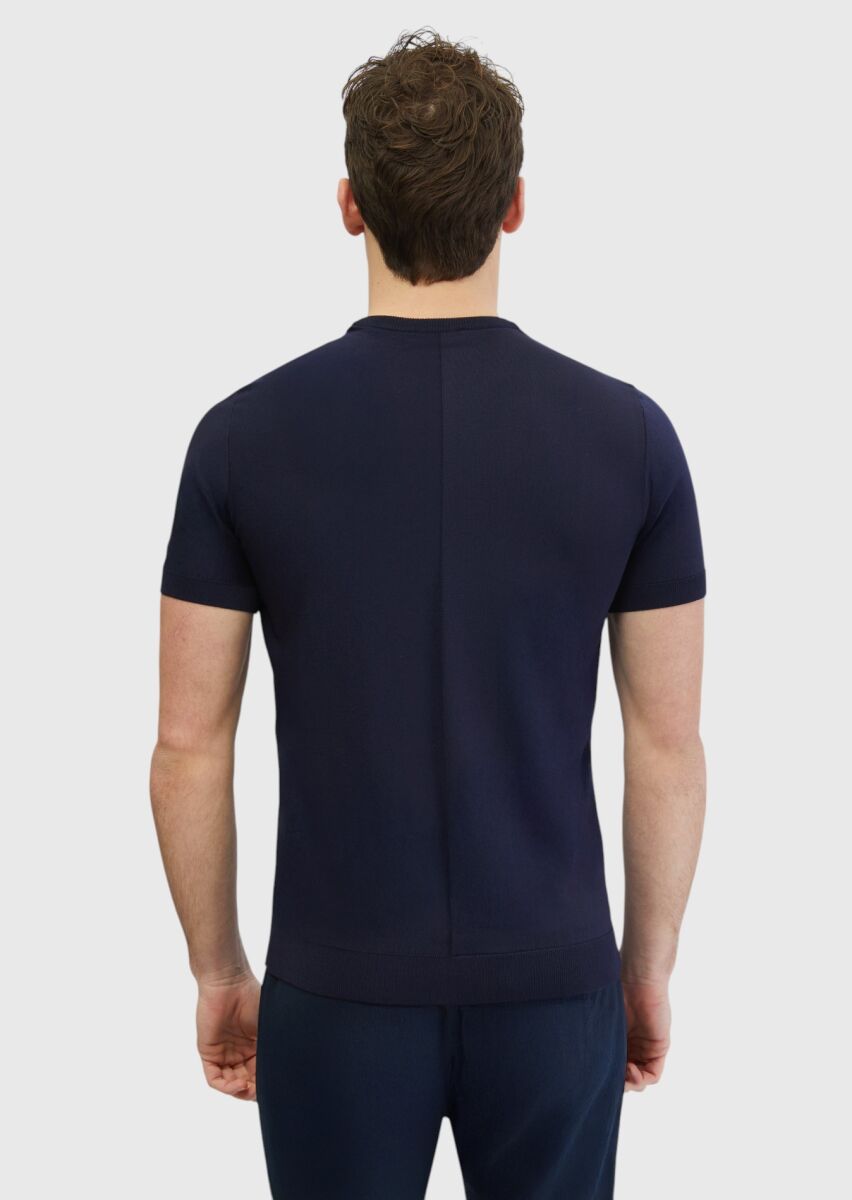 Lacivert Bisiklet Yaka Jakarlı Triko - 6