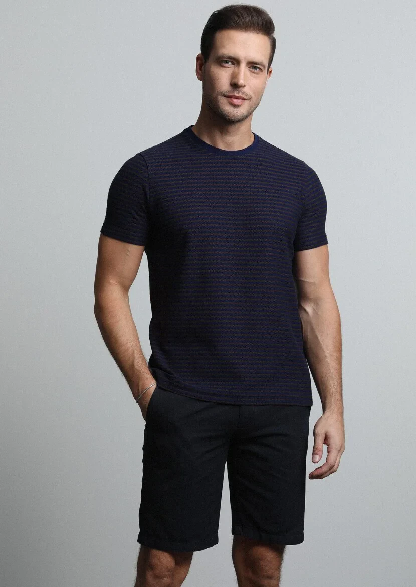 Lacivert Çizgili %100 Pamuk T-Shirt - 1