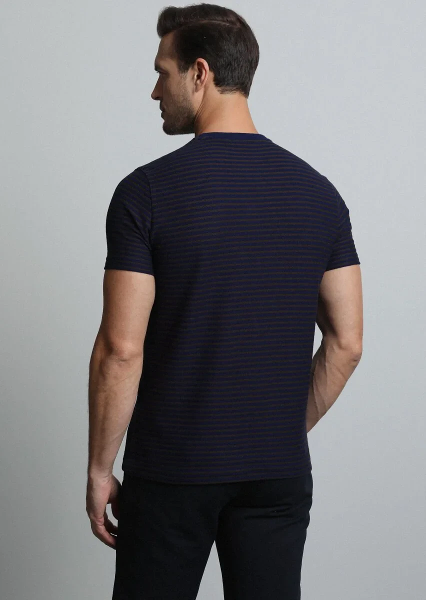Lacivert Çizgili %100 Pamuk T-Shirt - 5