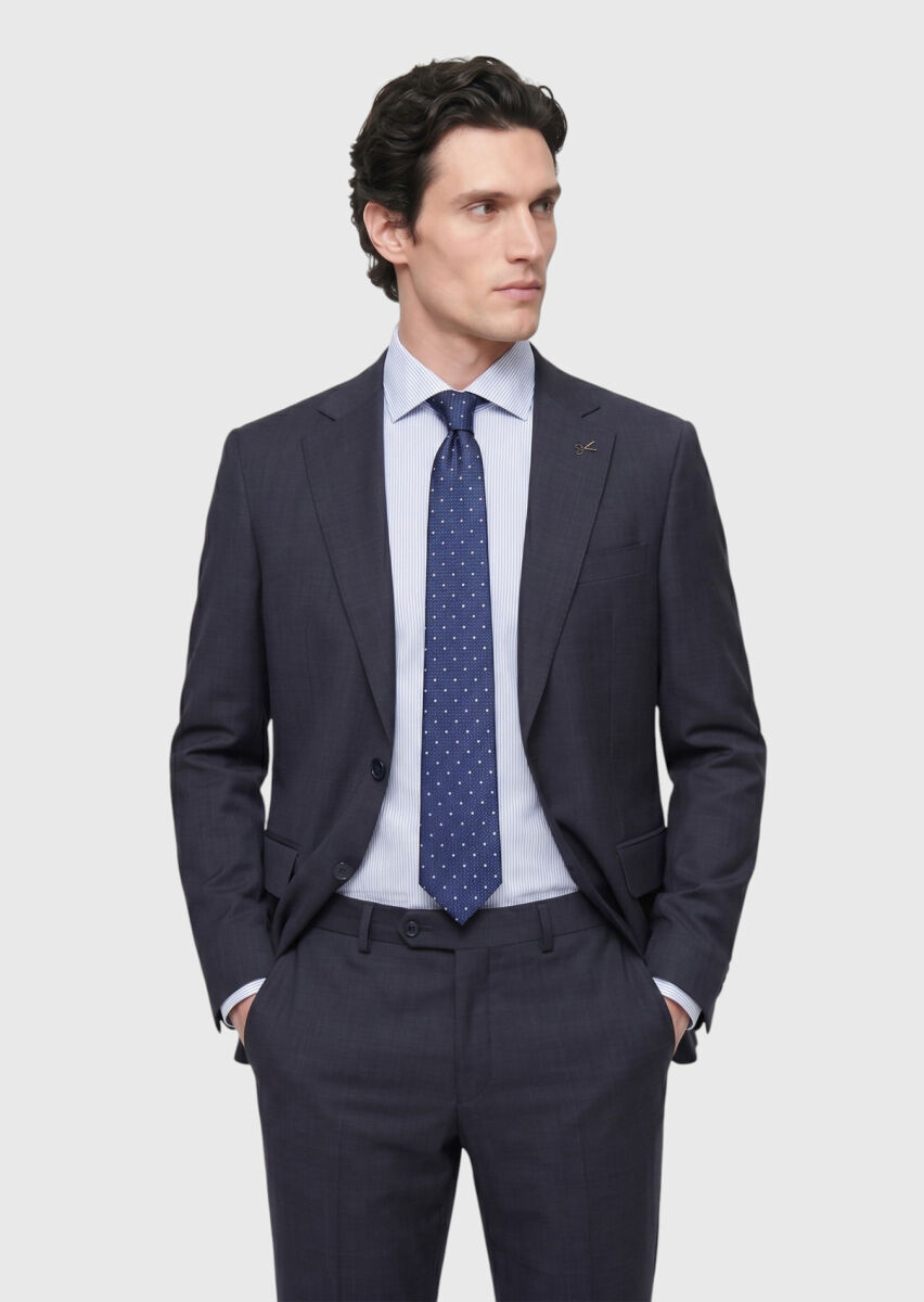 Lacivert Çizgili %100 Yün Takım Elbise - 2