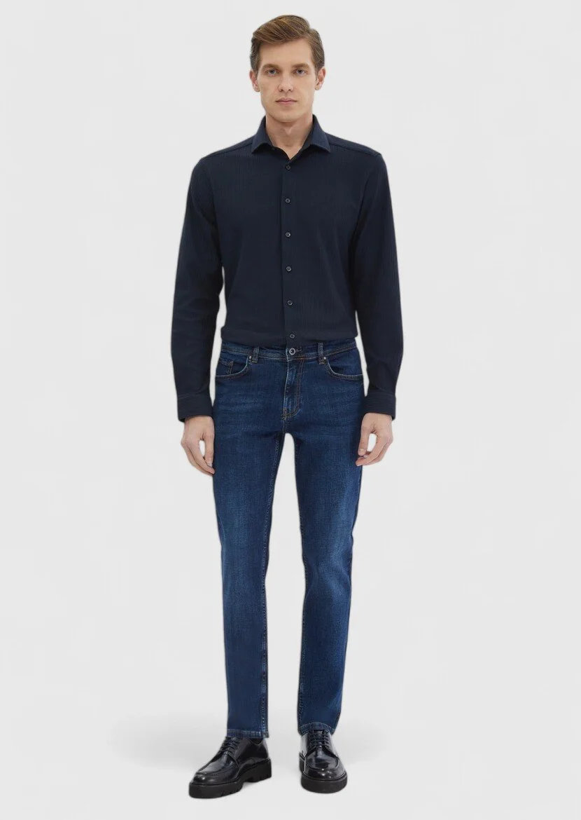 Lacivert Çizgili Casual Fit Casual %100 Pamuk Gömlek 