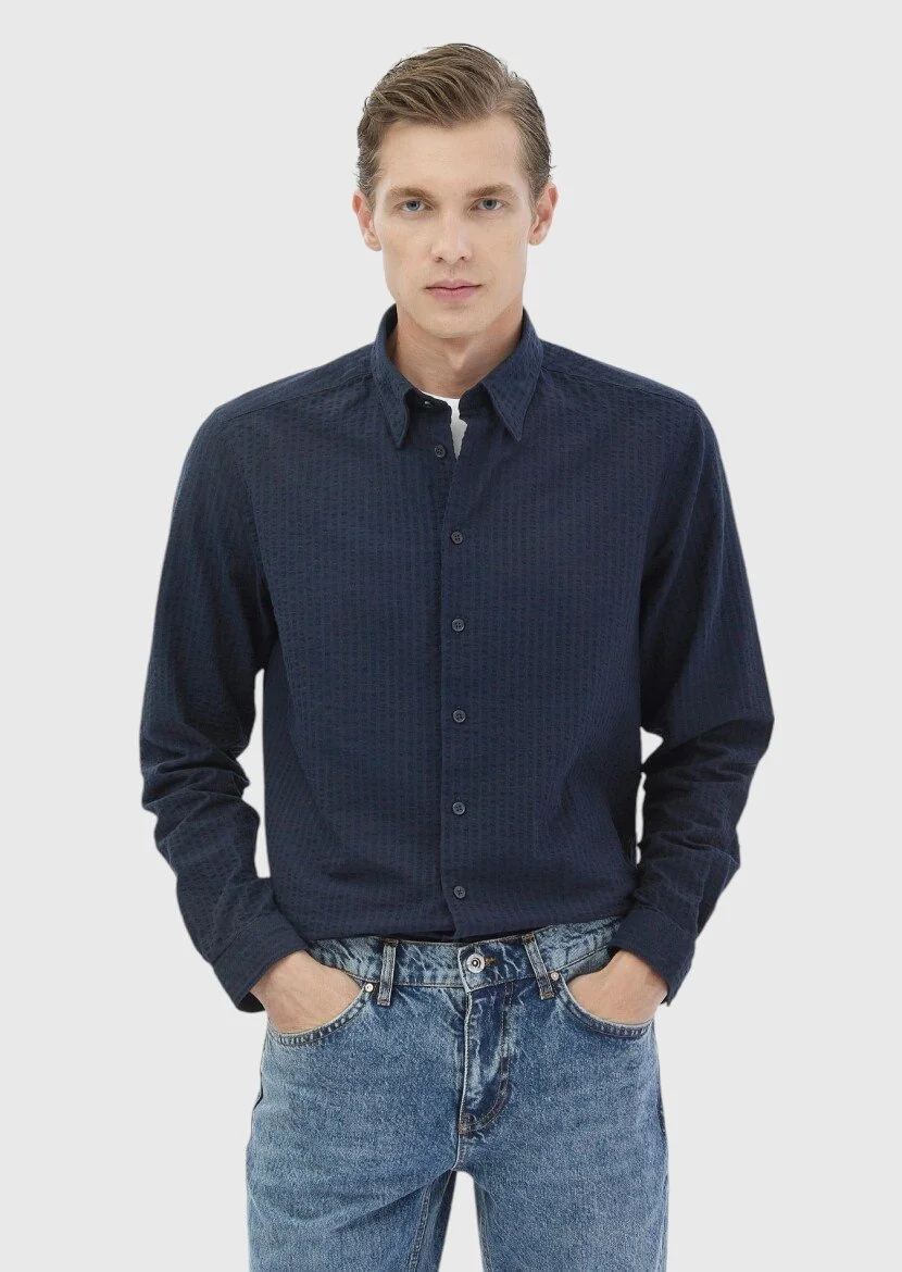 Lacivert Çizgili Casual Fit Dokuma Casual %100 Pamuk Gömlek 
