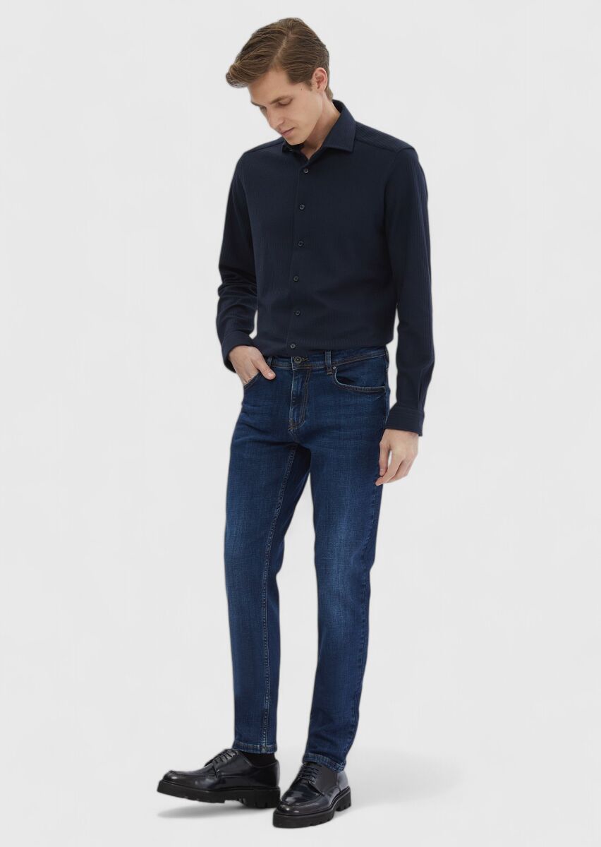 Lacivert Çizgili Casual Fit Uzun Casual %100 Pamuk Gömlek - 3