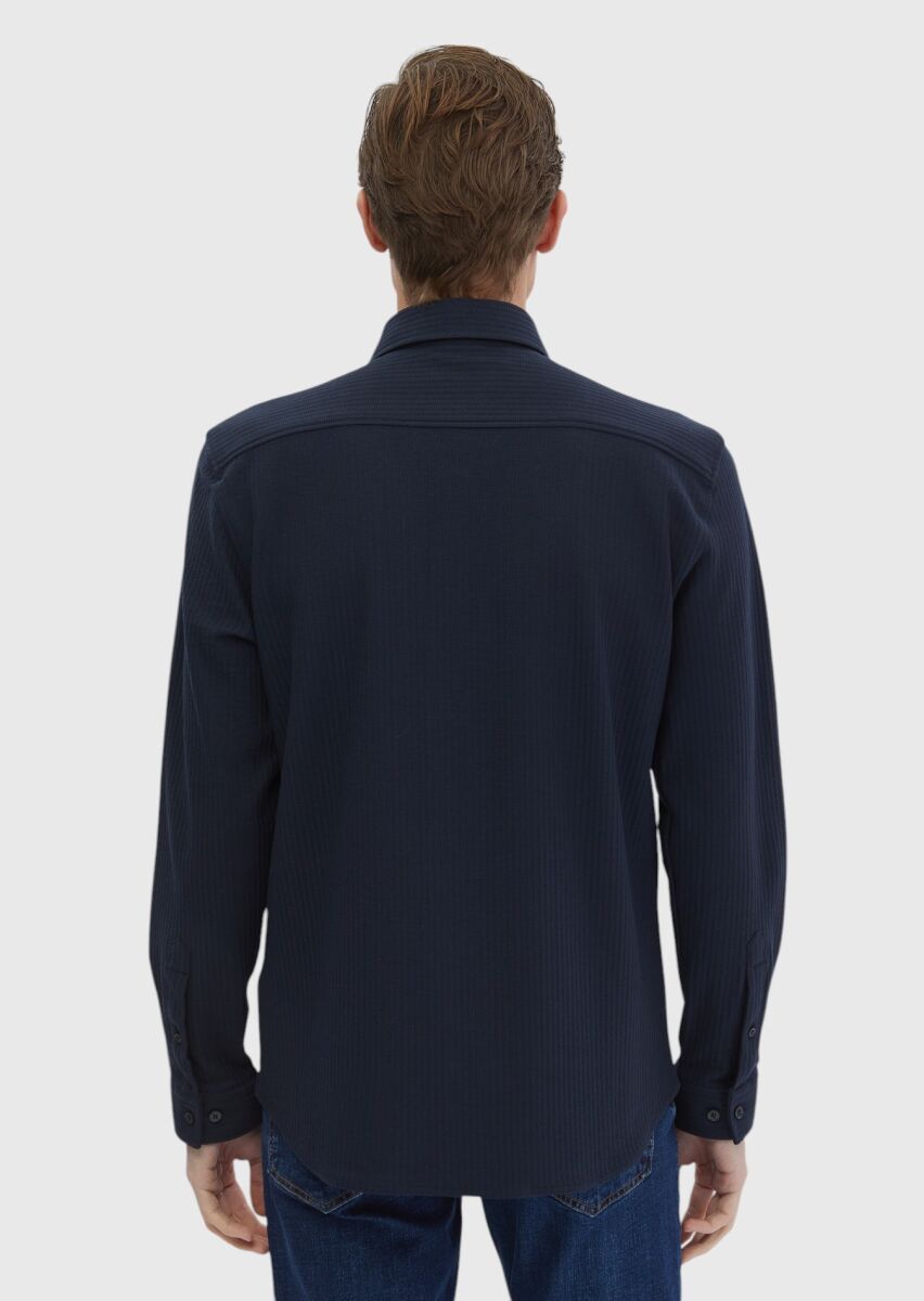 Lacivert Çizgili Casual Fit Uzun Casual %100 Pamuk Gömlek - 6