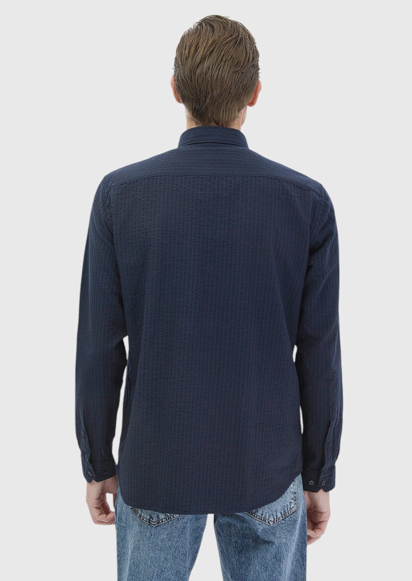 Lacivert Çizgili Casual Fit Uzun Dokuma Casual %100 Pamuk Gömlek - 6