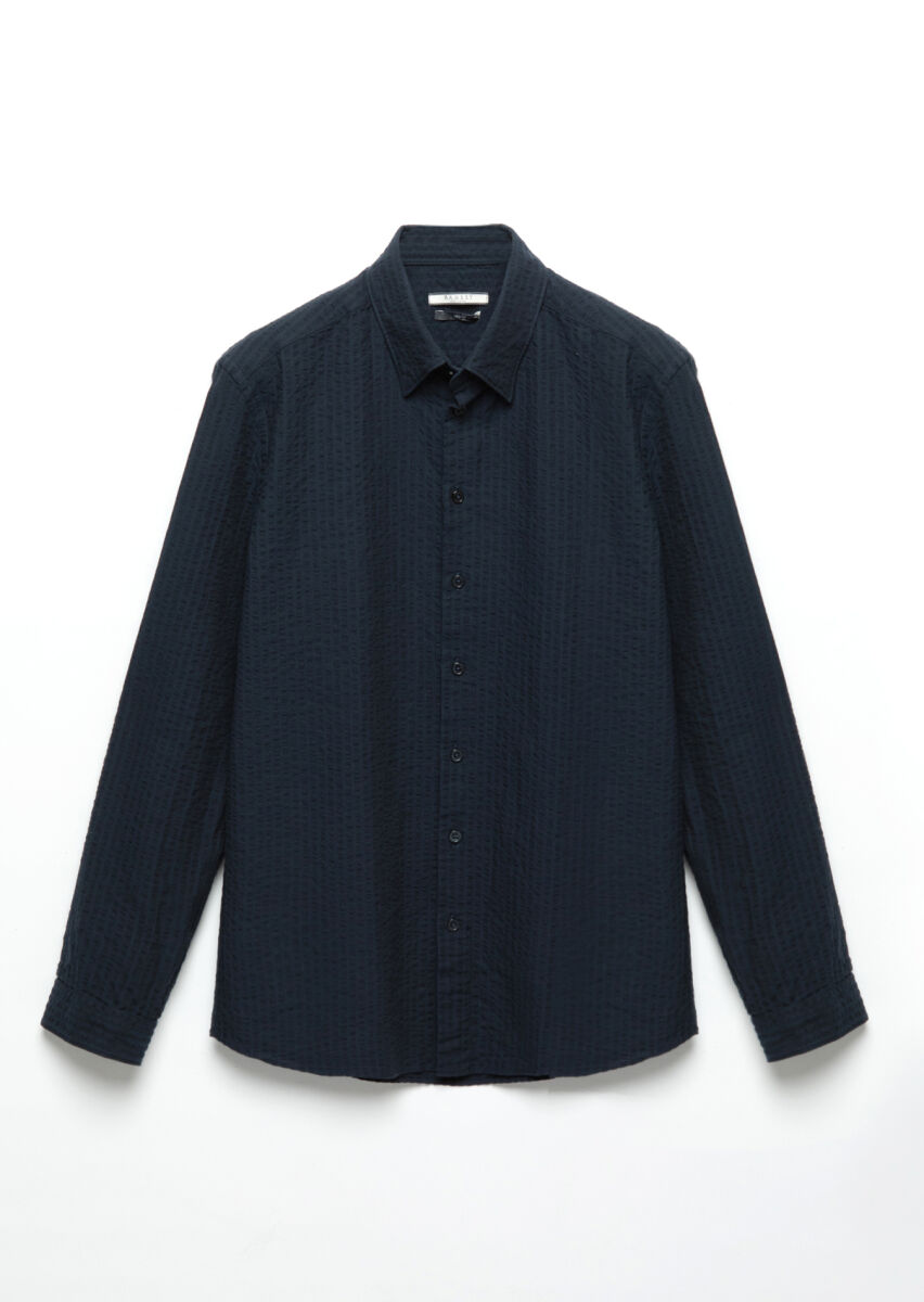 Lacivert Çizgili Casual Fit Uzun Dokuma Casual %100 Pamuk Gömlek - 7