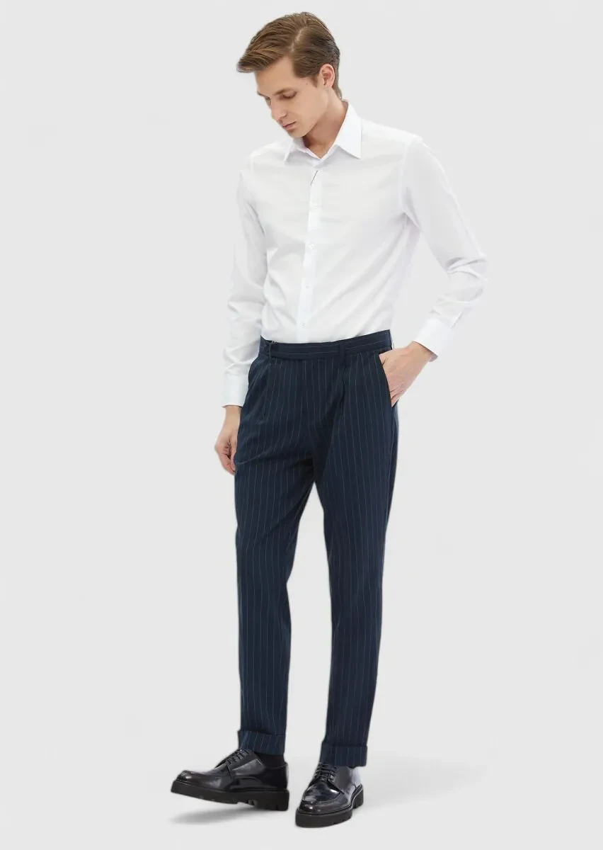 Lacivert Çizgili Dokuma Carrot Fit Klasik Pantolon - 1