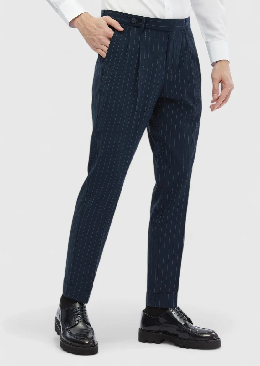 Lacivert Çizgili Dokuma Carrot Fit Klasik Pantolon - 4