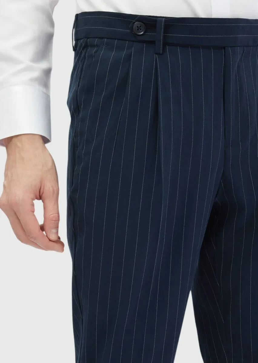 Lacivert Çizgili Dokuma Carrot Fit Klasik Pantolon - 5