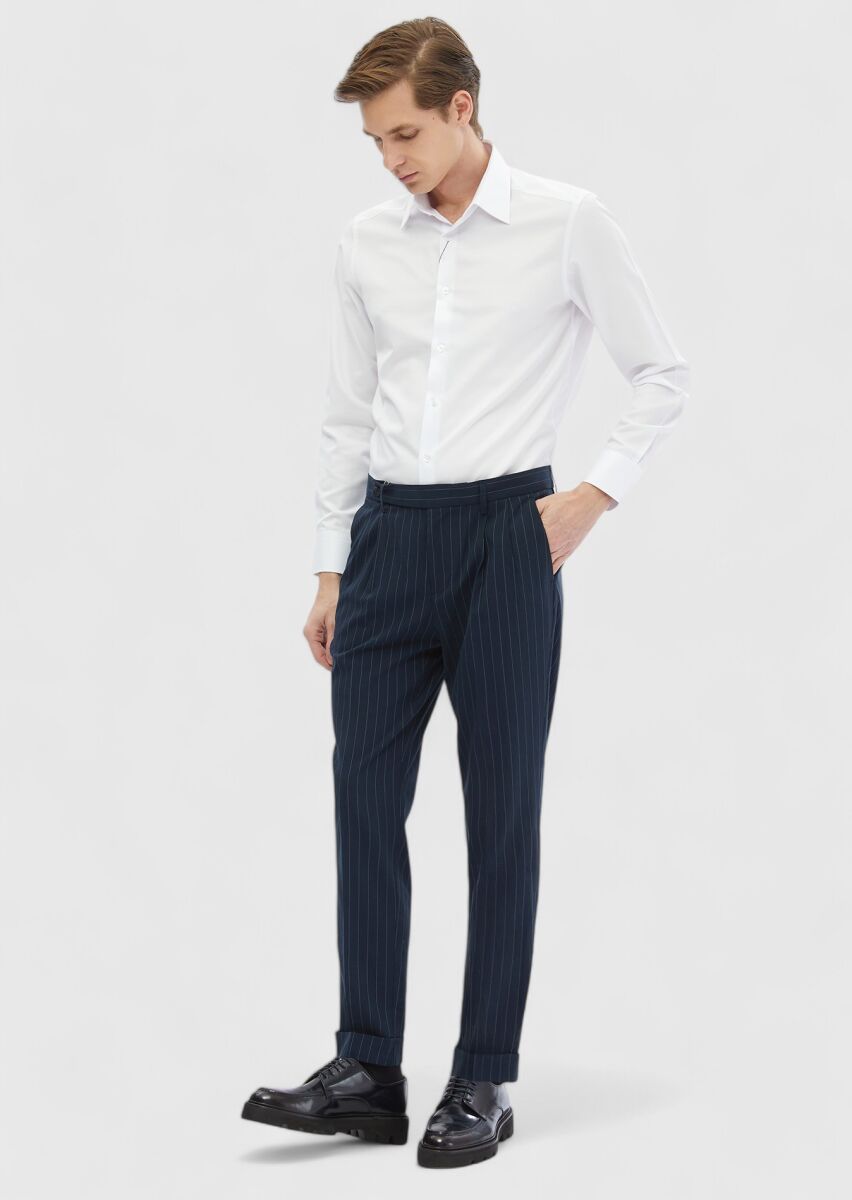 Lacivert Çizgili Dokuma Carrot Fit Klasik Pantolon - 1