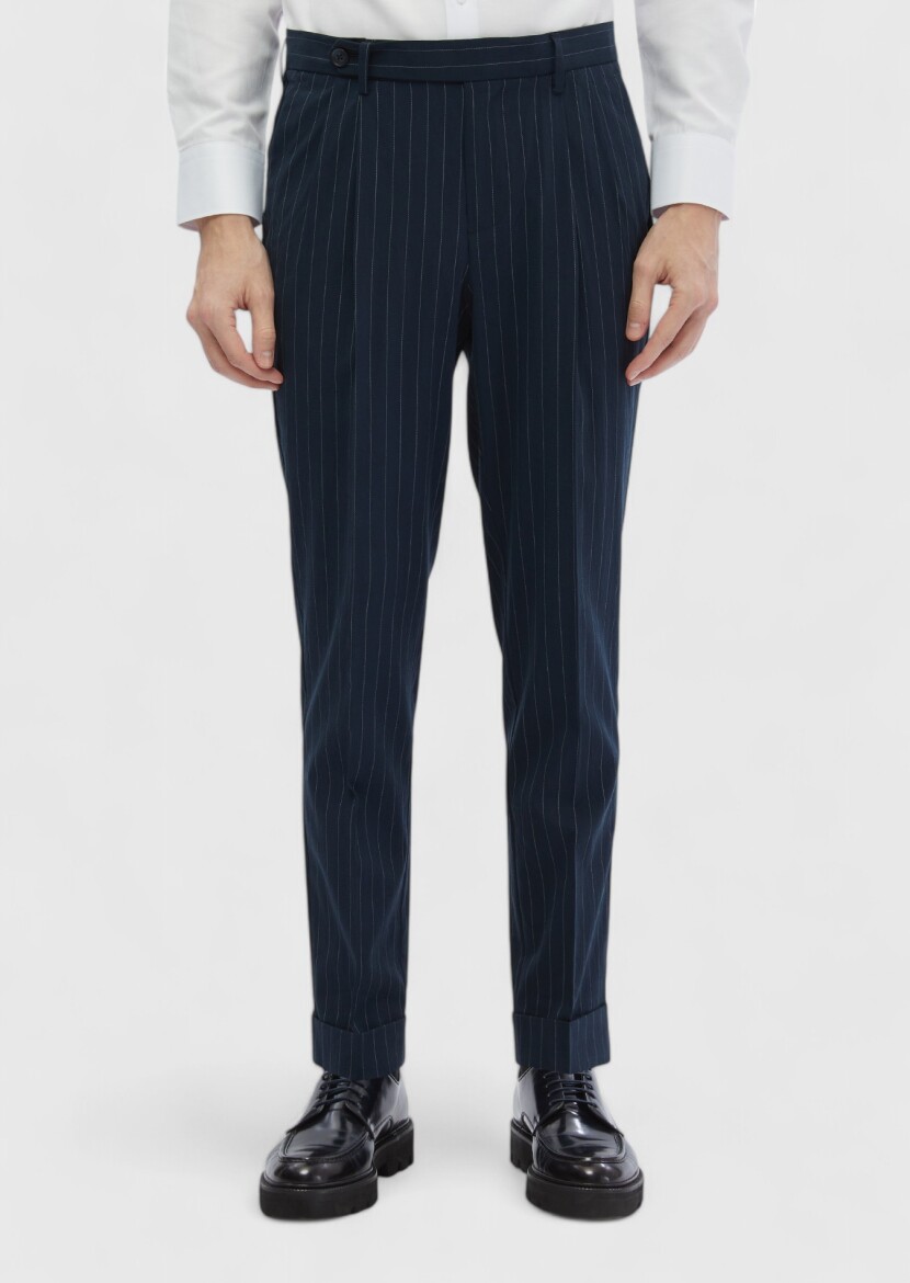 Lacivert Çizgili Dokuma Carrot Fit Klasik Pantolon - 3