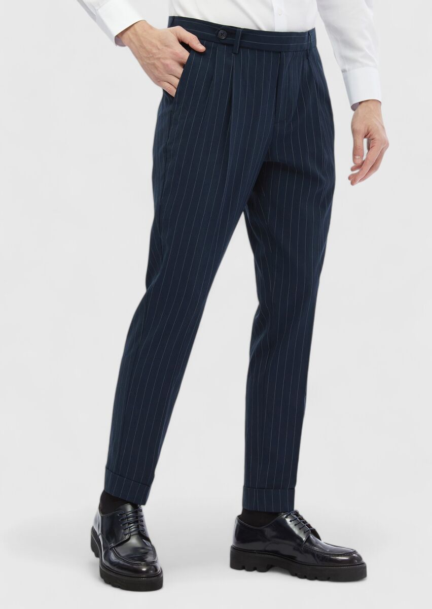 Lacivert Çizgili Dokuma Carrot Fit Klasik Pantolon - 4