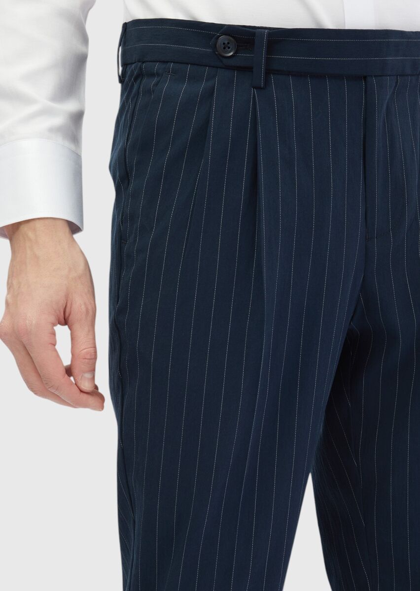 Lacivert Çizgili Dokuma Carrot Fit Klasik Pantolon - 5