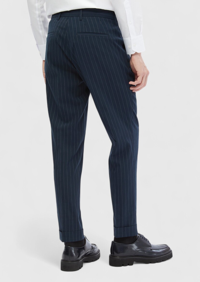Lacivert Çizgili Dokuma Carrot Fit Klasik Pantolon - 6
