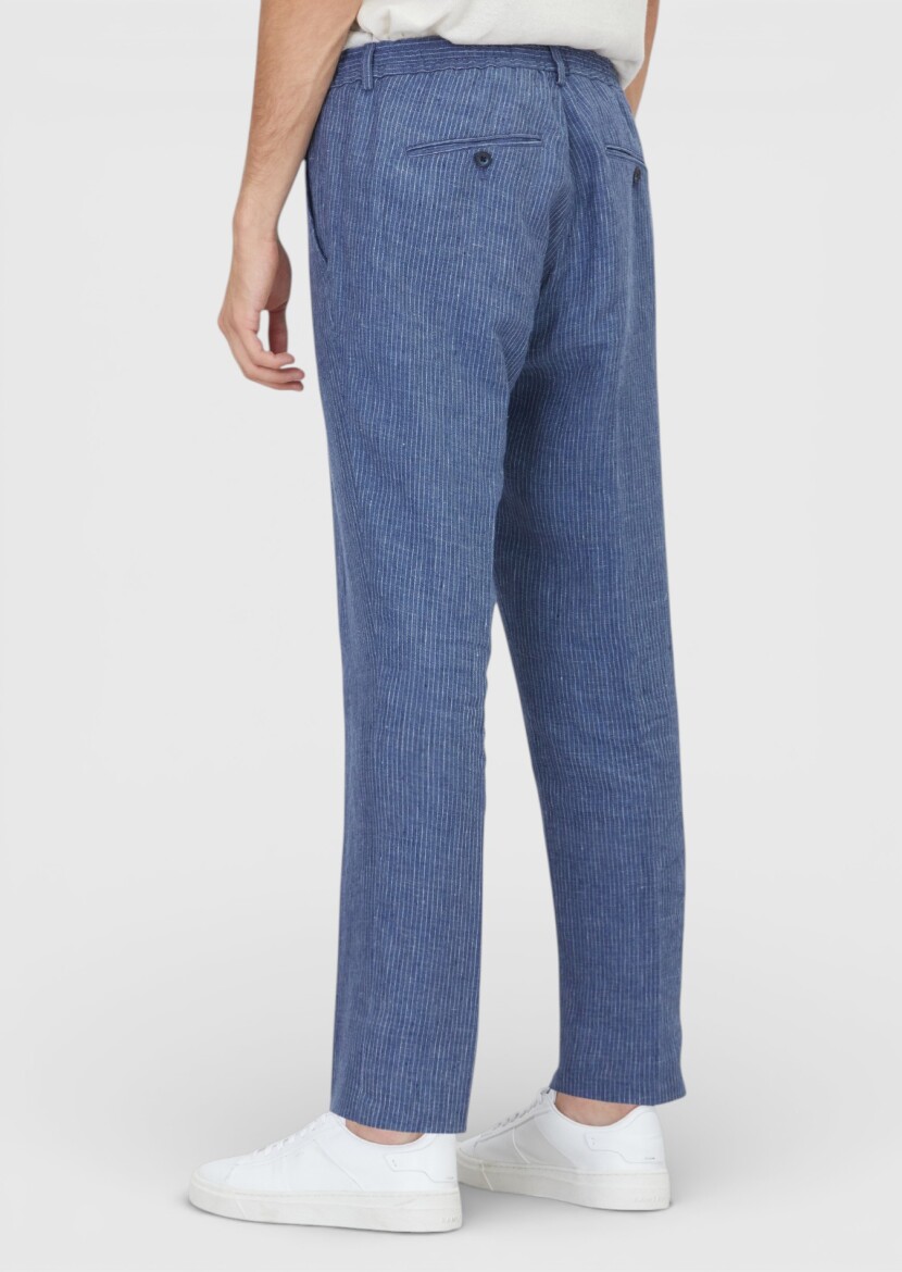 Lacivert Çizgili Dokuma Jogging Fit Casual %100 Keten Pantolon - 5