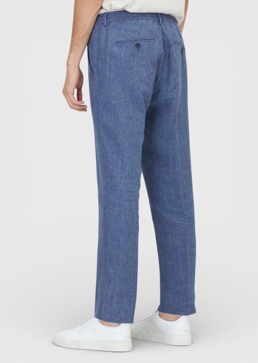 Lacivert Çizgili Dokuma Jogging Fit Casual %100 Keten Pantolon - 5