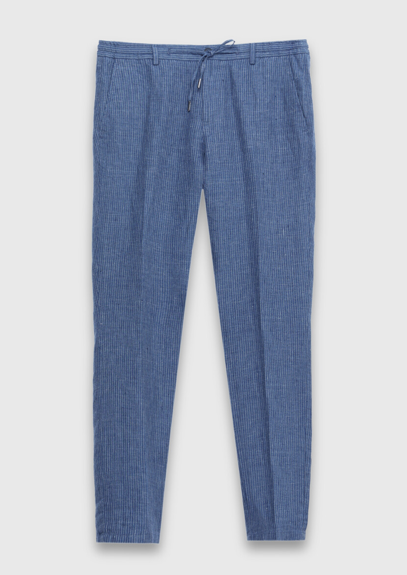 Lacivert Çizgili Dokuma Jogging Fit Casual %100 Keten Pantolon - 6