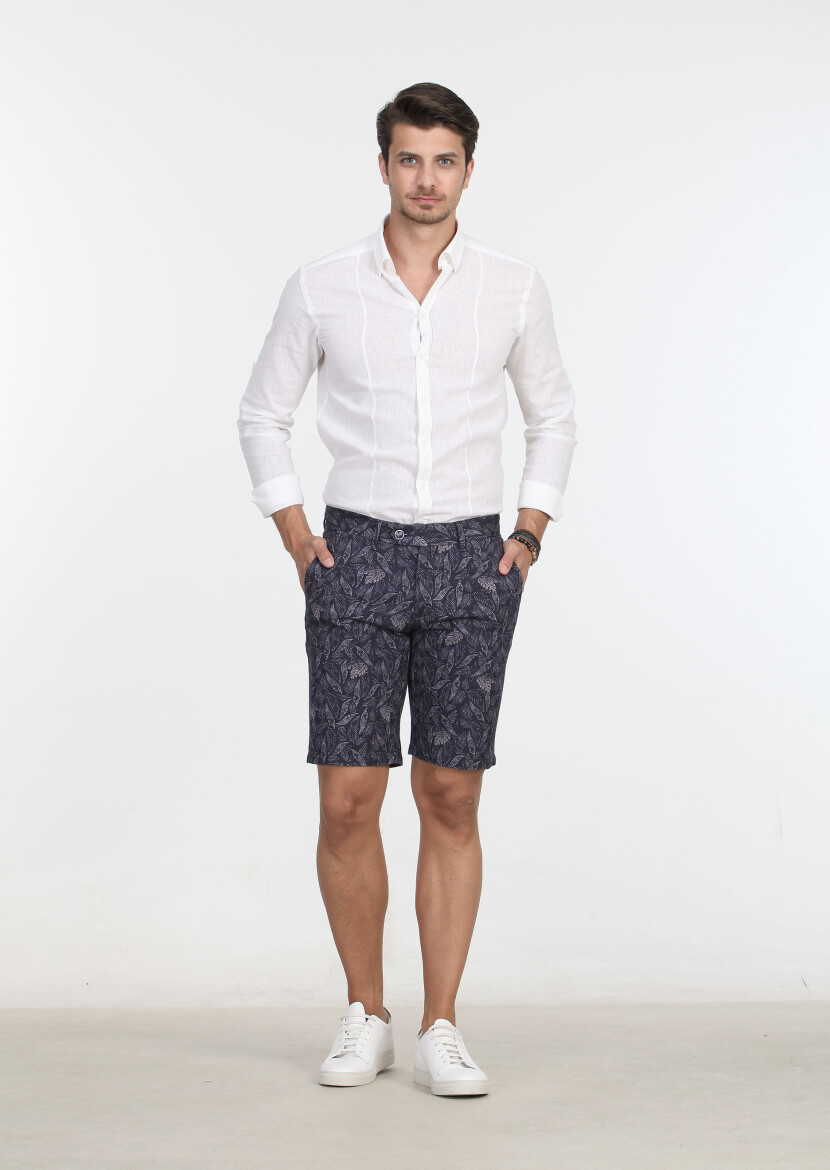 Lacivert Çizgili Dokuma Regular Fit Casual %100 Pamuk Bermuda - 1