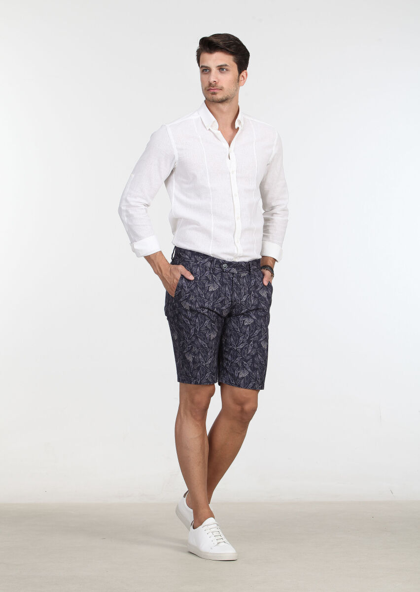 Lacivert Çizgili Dokuma Regular Fit Casual %100 Pamuk Bermuda - 3