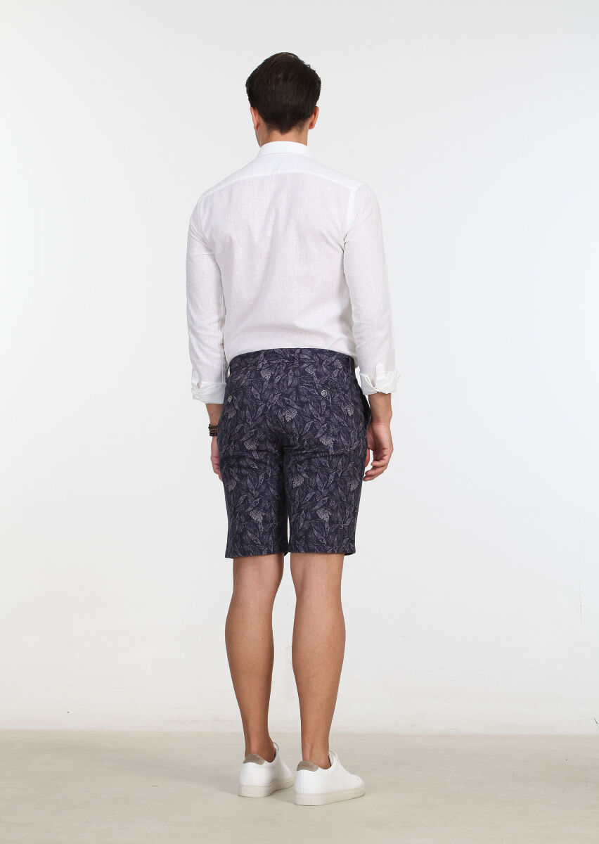 Lacivert Çizgili Dokuma Regular Fit Casual %100 Pamuk Bermuda - 5