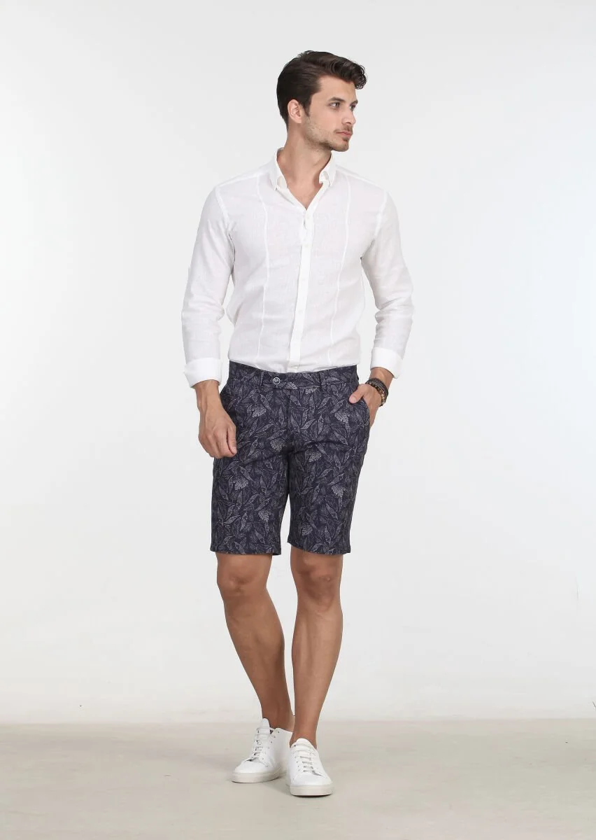 Lacivert Çizgili Dokuma Regular Fit Casual %100 Pamuk Bermuda - 2