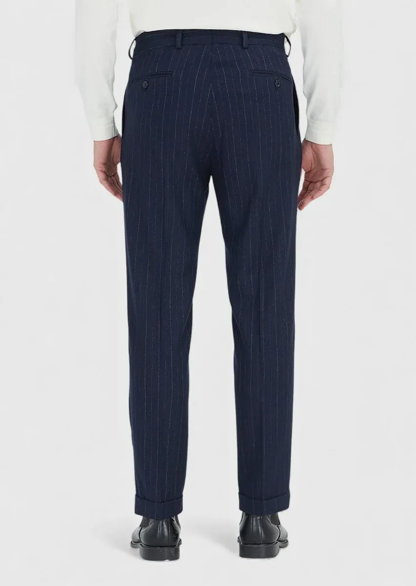Lacivert Çizgili Dokuma Regular Fit Casual Yün Karışımlı Pantolon - 5