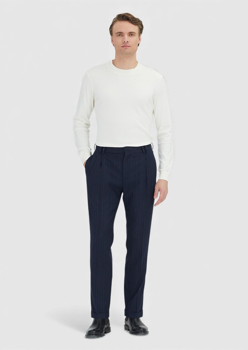 Lacivert Çizgili Dokuma Regular Fit Casual Yün Karışımlı Pantolon - 1