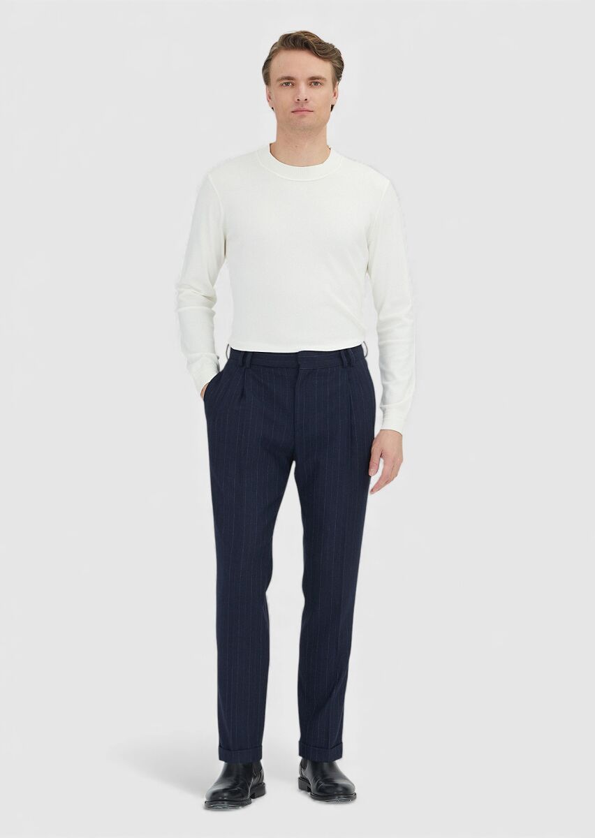 Lacivert Çizgili Dokuma Regular Fit Casual Yün Karışımlı Pantolon - 1