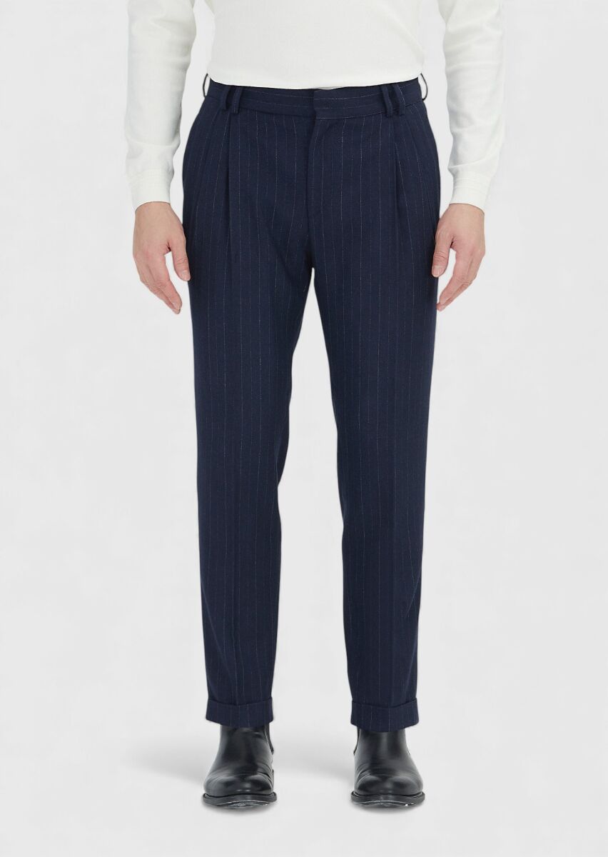 Lacivert Çizgili Dokuma Regular Fit Casual Yün Karışımlı Pantolon - 2