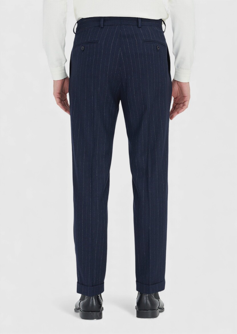 Lacivert Çizgili Dokuma Regular Fit Casual Yün Karışımlı Pantolon - 5