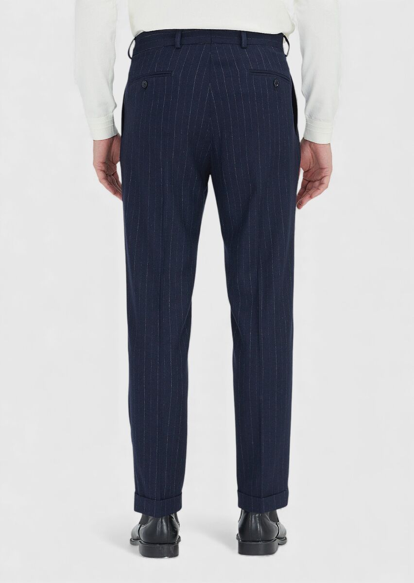 Lacivert Çizgili Dokuma Regular Fit Casual Yün Karışımlı Pantolon - 5