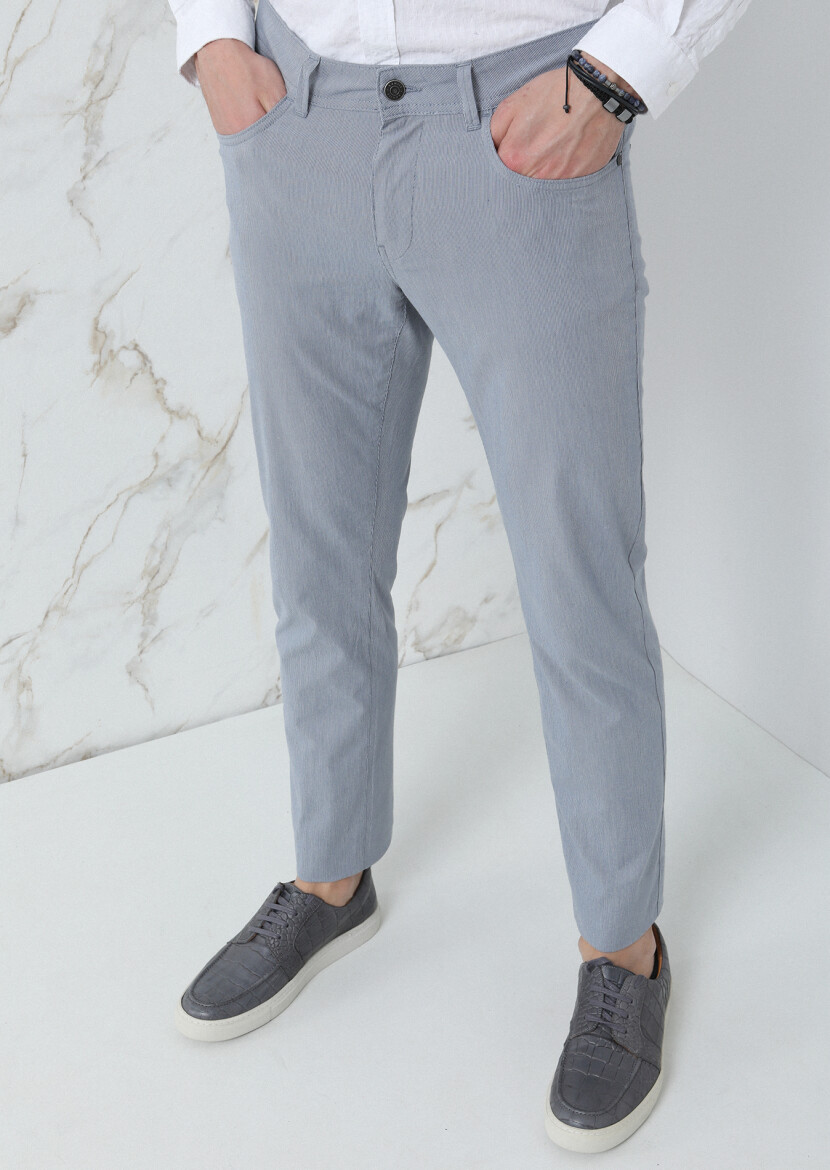 Lacivert Çizgili Dokuma Slim Fit Casual Pamuk Karışımlı Pantolon 