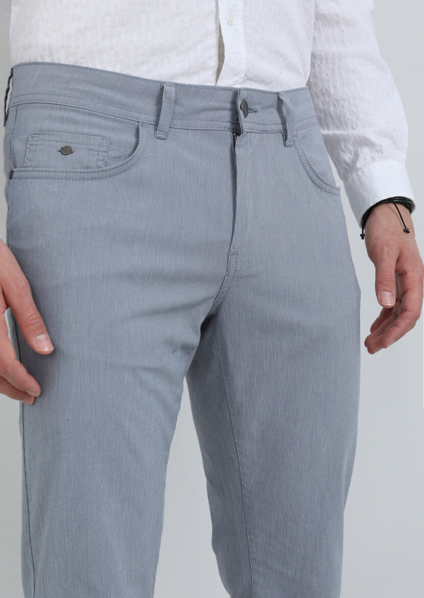 Lacivert Çizgili Dokuma Slim Fit Casual Pamuk Karışımlı Pantolon - 3