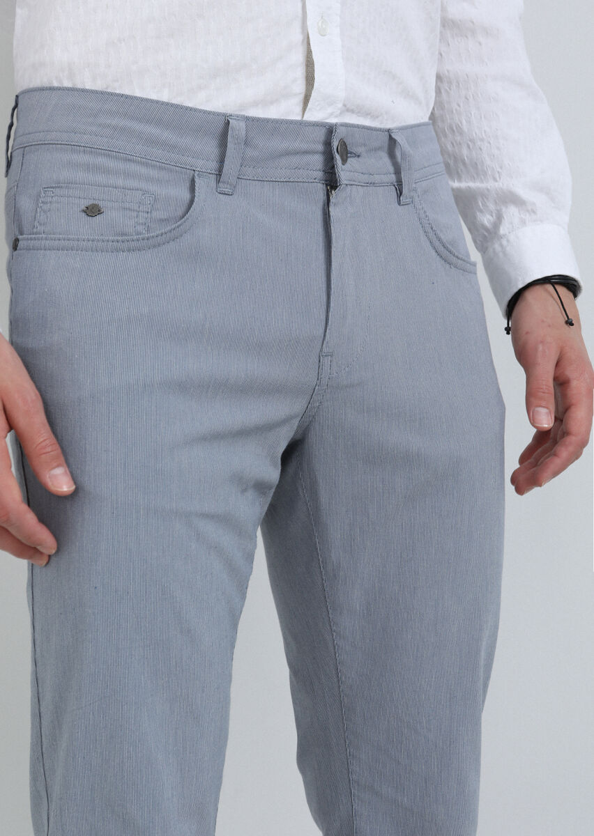 Lacivert Çizgili Dokuma Slim Fit Casual Pamuk Karışımlı Pantolon - 3