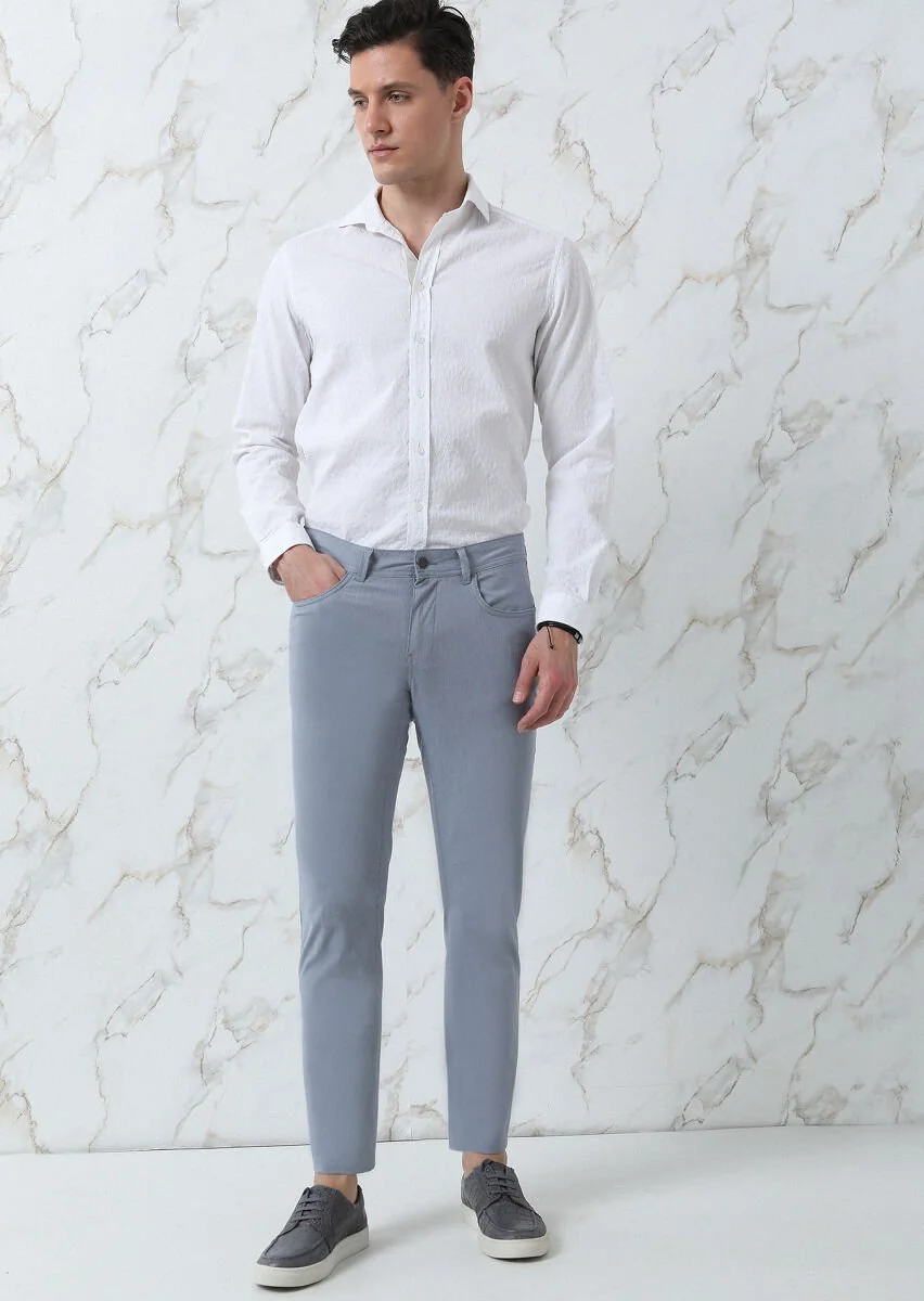 Lacivert Çizgili Dokuma Slim Fit Casual Pamuk Karışımlı Pantolon - 1