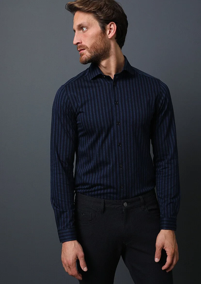 Lacivert Çizgili Fitted Fit Casual %100 Pamuk Gömlek - 1