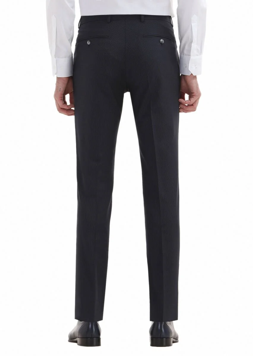 Lacivert Çizgili Kumaş Modern Fit Klasik Yün Karışımlı Pantolon - 4