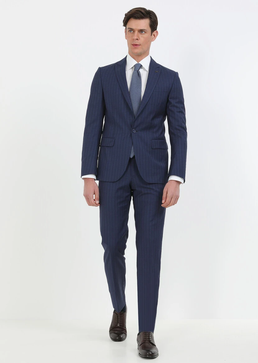 Lacivert Çizgili Modern Fit %100 Yün Takım Elbise - 2
