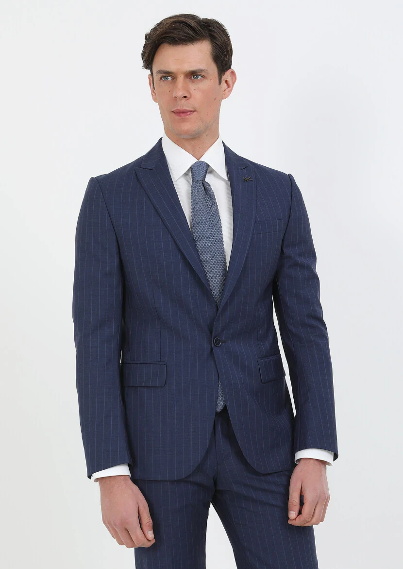 Lacivert Çizgili Modern Fit %100 Yün Takım Elbise - 3