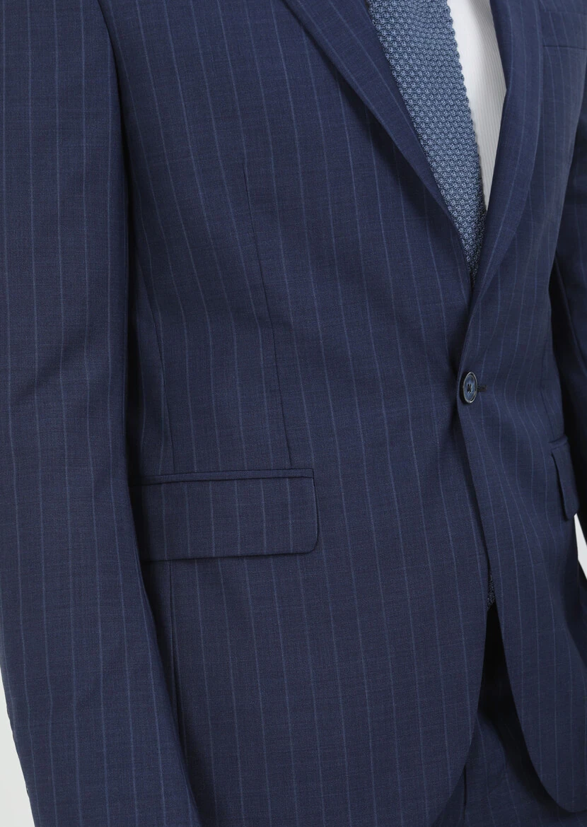 Lacivert Çizgili Modern Fit %100 Yün Takım Elbise - 5