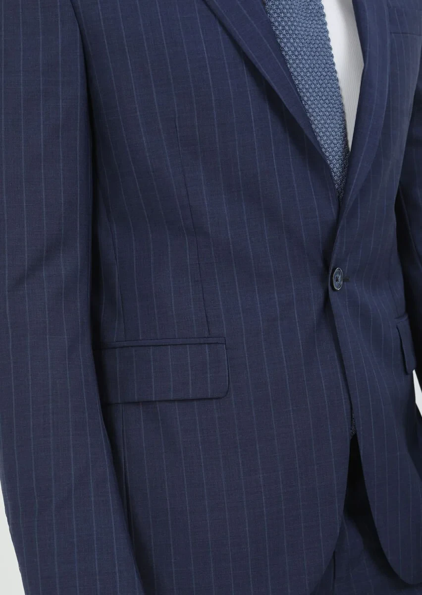 Lacivert Çizgili Modern Fit %100 Yün Takım Elbise - 5