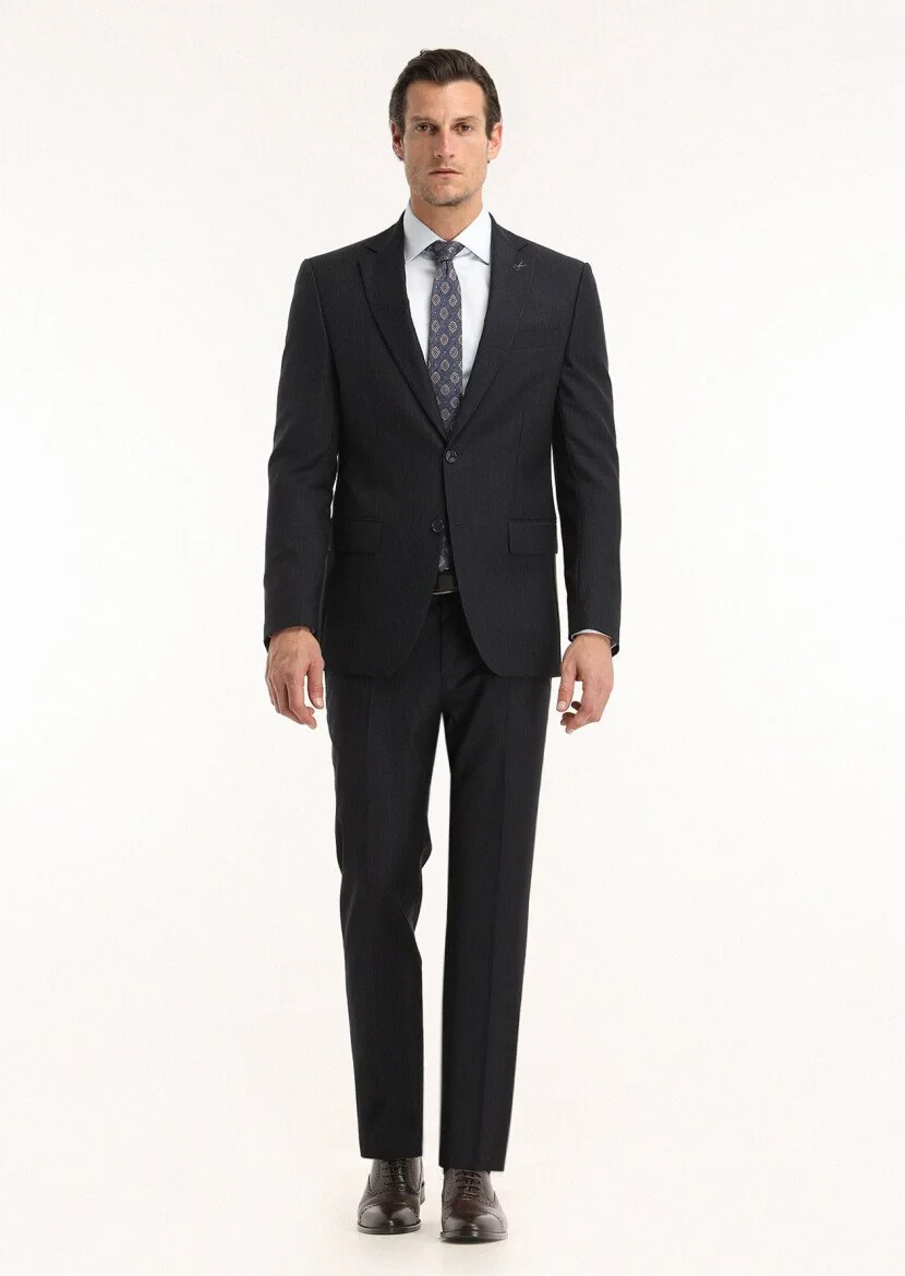 Lacivert Çizgili Modern Fit %100 Yün Takım Elbise - 1
