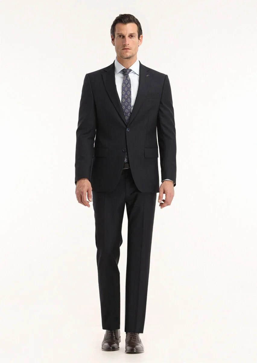 Lacivert Çizgili Modern Fit %100 Yün Takım Elbise - 1