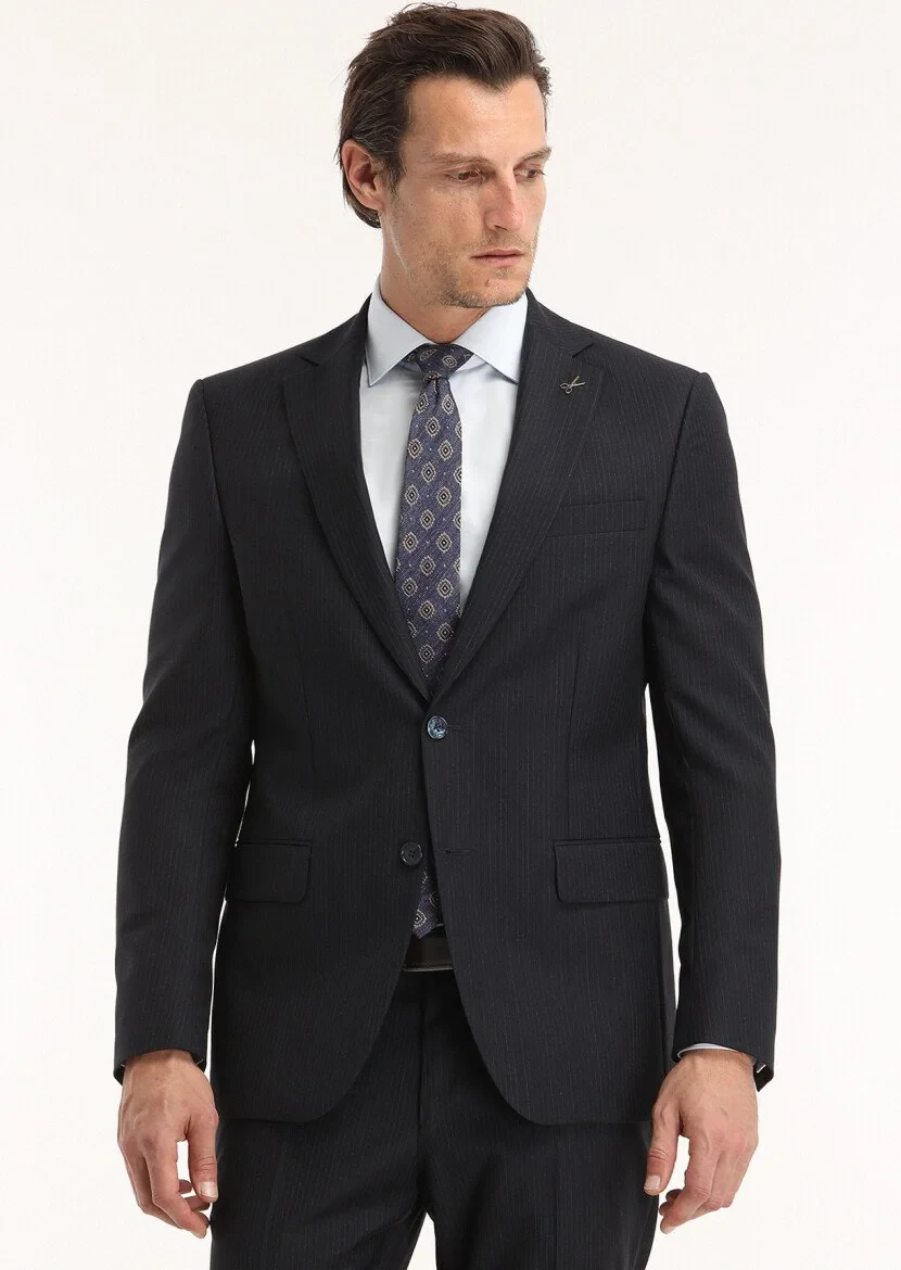 Lacivert Çizgili Modern Fit %100 Yün Takım Elbise - 2